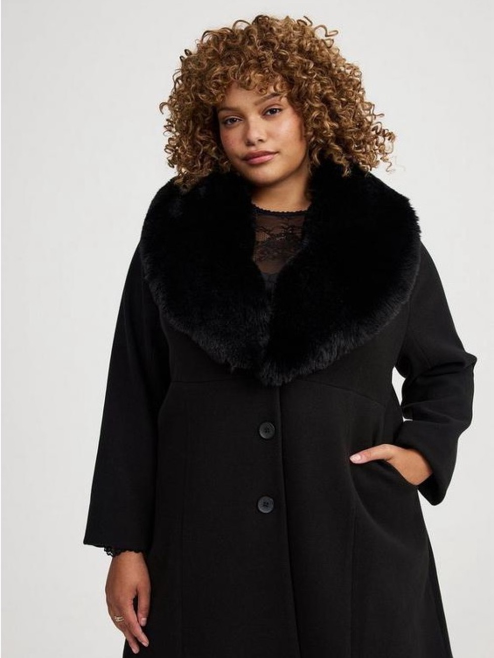 Torrid Black Faux Fur Collar Fit Flare Coat 3X Removable Collar Longline Jacket - Picture 2 of 5